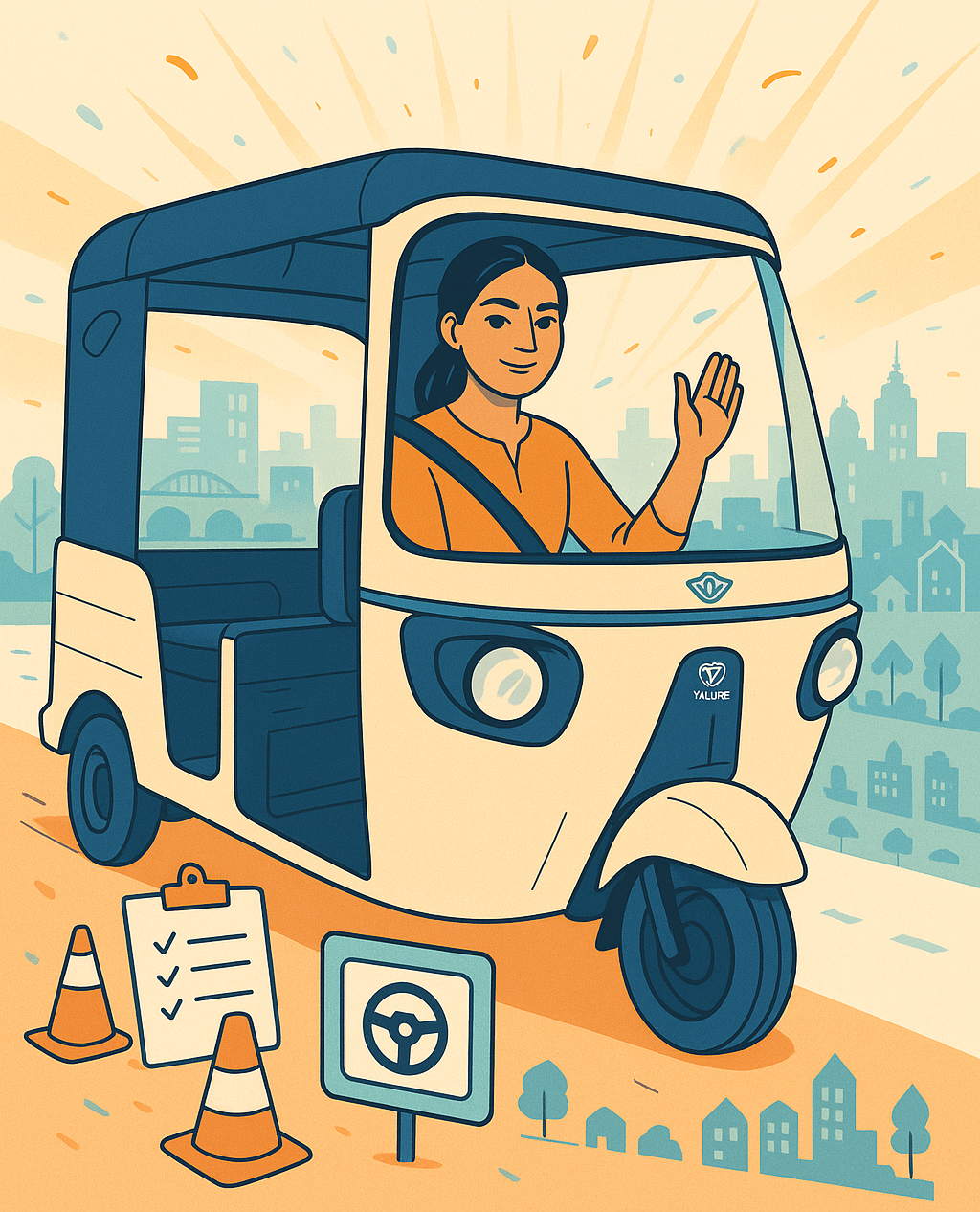 Confident woman driving an auto-rickshaw, waving, with city and training icons in the background.